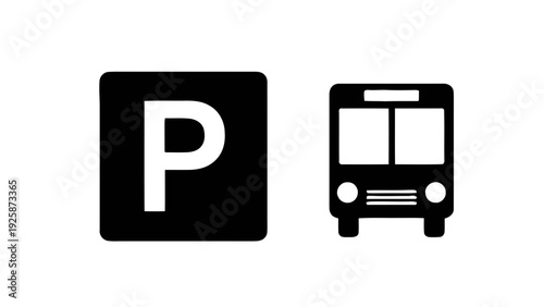 Vector illustration of black and white parking sign with a bus icon on on a transparent background