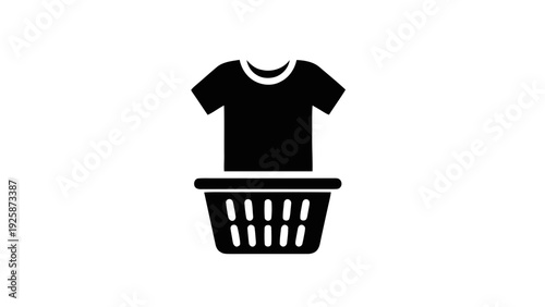 Vector illustration of black silhouette of a tshirt on a laundry basket icon on a transparent background