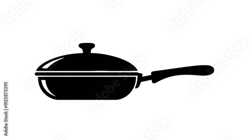 Vector illustration of black silhouette of a covered frying pan with handle on on a transparent background