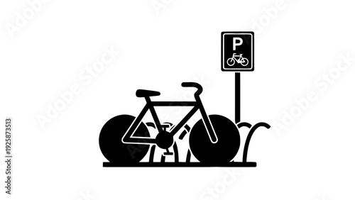 Vector illustration of bicycle parking sign and bike silhouette icon for rack or storage area on a transparent background