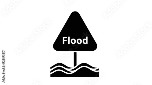 Vector illustration of black flood warning sign icon on with wavy lines on a transparent background