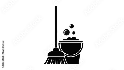 Vector illustration of cleaning tools icon set broom and bucket with soap bubbles, simple silhouette on a transparent background