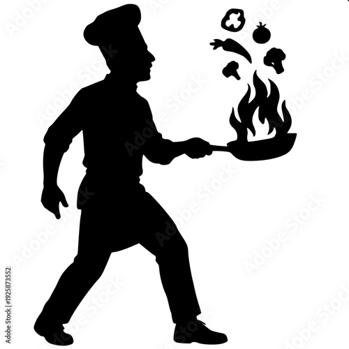 Restaurant Chef Cooking with Flaming Pan Silhouette
