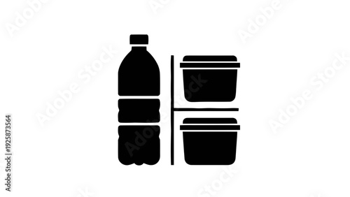 Vector illustration of black and white icon representing food storage containers and a plastic bottle on a transparent background