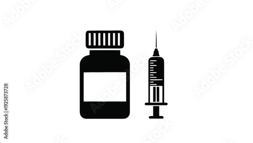 Vector illustration of medicine bottle and syringe icon, black silhouette for medical and vaccination concepts on a transparent background