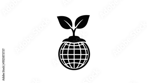 Vector illustration of black and white icon of a small plant growing out of the top of a globe on a transparent background