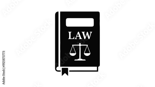 Vector illustration of black and white icon of a law book with scales of justice symbol on on a transparent background