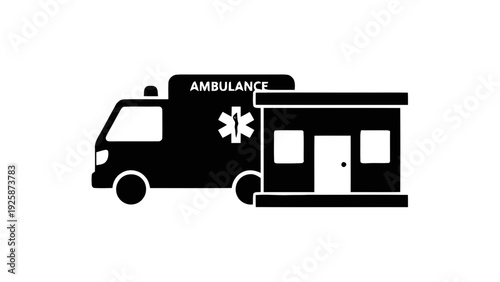 Vector illustration of ambulance arriving at hospital emergency entrance icon silhouette on a transparent background