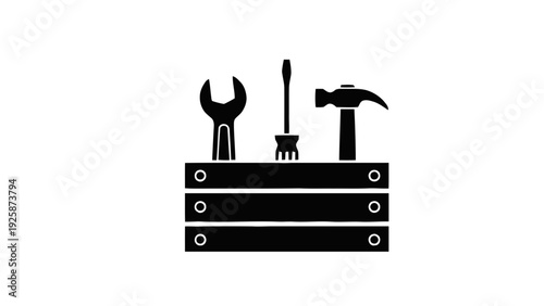 Vector illustration of black silhouette of tools in a toolbox wrench, screwdriver, and hammer on a transparent background