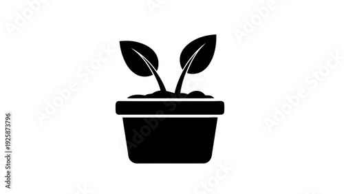 Vector illustration of simple black silhouette icon of a small plant growing in a flower pot on a transparent background