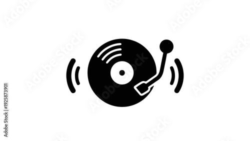 Vector illustration of icon of a vinyl record player spinning with sound waves, black silhouette on a transparent background