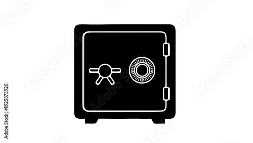 Vector illustration of black and white icon of a safe box with a combination lock and handle on a transparent background