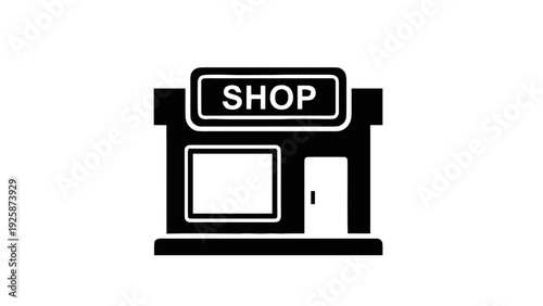 Vector illustration of black and white illustration of a shop with a sign and door on a transparent background