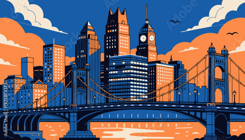 Vibrant Downtown Cityscape with Modern Architecture and Steel Suspension Bridge Over Water at Dusk pittsburgh skyline vector