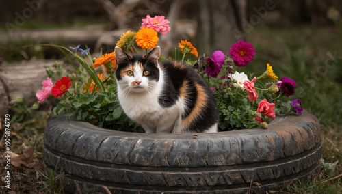 Wallpaper Mural A three-colored farm cat perches on a tire repurposed as a flower bed Torontodigital.ca