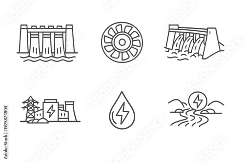 Hydro power linear icon pack focused on clean water energy. Monochromatic vector set ideal for green infrastructure, environmental branding and energy projects.