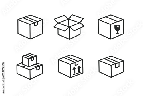 Shipping box outline icon set. Monochrome editable stroke vector collection isolated on transparent background for ecommerce packaging and logistics design.