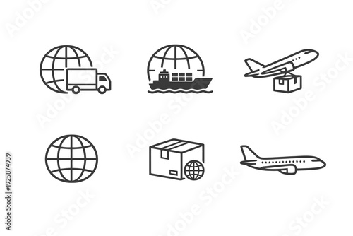 Worldwide delivery linear icon pack focused on freight transport and cross border shipping. Monochromatic vector set ideal for supply chain and retail platforms.