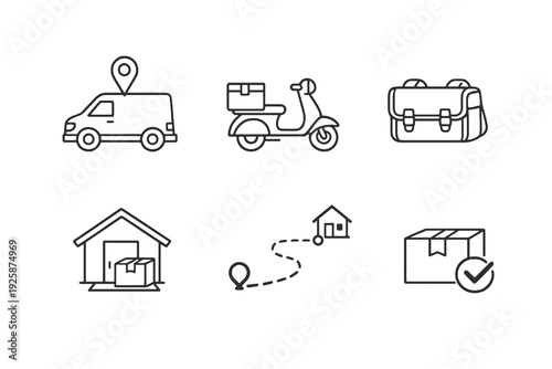 Final delivery linear icon pack focused on doorstep shipping and urban logistics. Monochromatic vector set ideal for retail apps and fulfillment systems.
