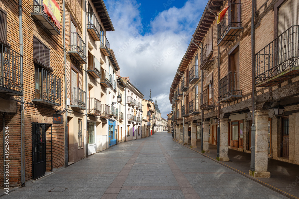 Naklejka premium Burgo de osma old town street with traditional architecture and flags