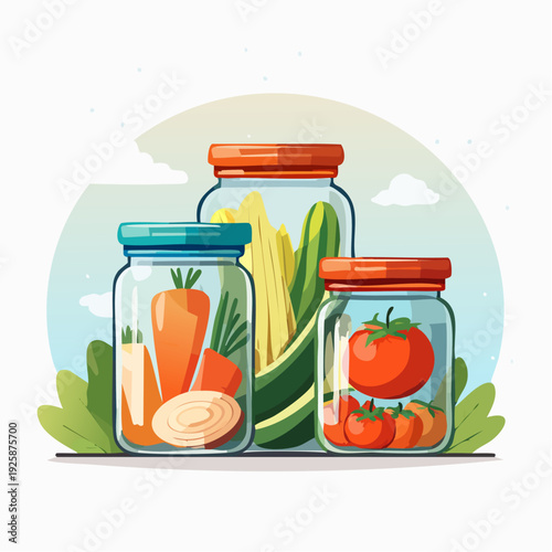 Ilustración vectorial de frascos de conservas vegetales mixtas y escabeches, verduras visibles dentro del frasco