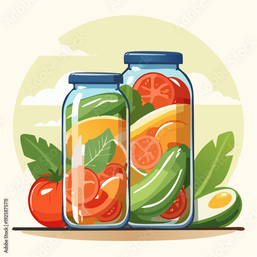 Ilustración vectorial de frascos de conservas vegetales mixtas y escabeches, verduras visibles dentro del frasco