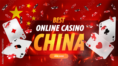 3D online casino banner for China market with poker cards and poker chips on background with China flag. Gambling promotion template for betting website and digital marketing.