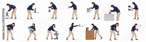 Flat Illustration Woman Brewing and Serving Coffee Preparation Sequence Activity Set