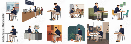 Flat Style Businessman Various Poses During Online Meeting Presentation Illustration