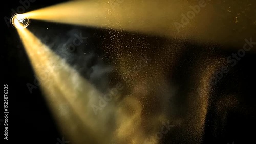 A light source illuminates a hazy, particulate atmosphere, casting a warm glow with a stark contrast to dark