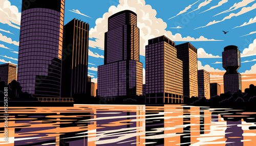 Modern City Skyline Reflection Across Calm Water at Sunset or Sunrise Architectural Scene minneapolis skyline vector