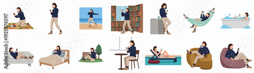 Flat Style Diverse Woman Using Mobile Phone in Different Situations Set