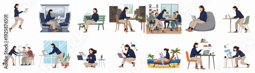 Clean Style Illustration Woman Working from Home in Different Poses Set