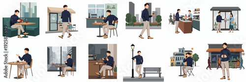 Flat Style Character Illustration of Young Man in Various Activities and Poses