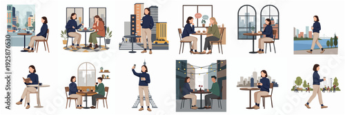 Flat Style Illustration Diverse Woman in Various Activity and Cityscape Background
