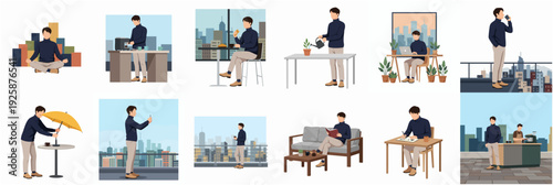 Flat Illustration Set of Man Lifestyle with Cityscape and Interior Activities