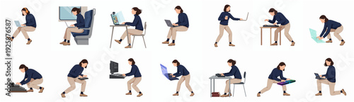 Realistic Flat Design Woman Working with Laptop in Different Poses Set
