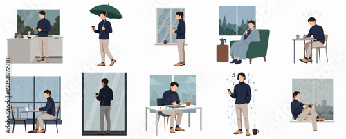 Flat Style Diverse Lifestyle of Man in Indoor and Outdoor Activity Illustration