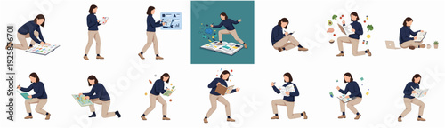 Flat Style Cutout Woman Character in Various Poses Working on Project Illustration