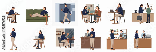 Minimalist Diverse Woman in Various Poses and Situations at Cafe Illustration