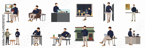 Simple Flat Illustration Male Daily Life Activity in Coffee Shop Scene Set