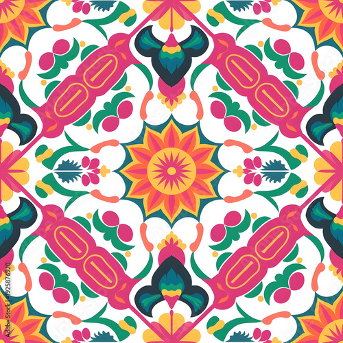 vector seamless repeating rangoli pattern in flat vector style. The design features symmetrical geometric shapes, floral motifs, peacocks, lotus flowers, and traditional oil lamps (divas).