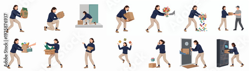 Flat Character Illustration Set of Woman Delivering Parcel or Carrying Box
