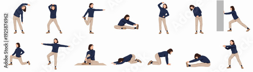 Flat Character Various Poses of Woman Doing Stretching Exercise Activity