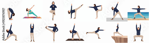 Flat Design Set of Young Woman Practicing Different Yoga Poses Illustration