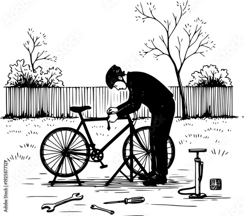 Monochrome Sumi-e: The Cyclist Repairing His Bicycle in a Backya
