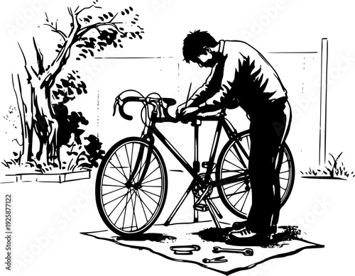 Monochrome Sumi-e: The Cyclist Repairing His Bicycle in a Backya
