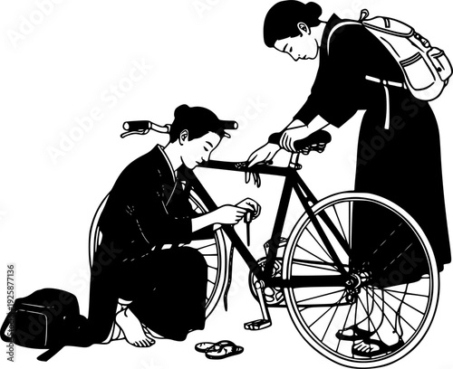 Monochrome Sumi-e: The Cyclist Repairing His Bicycle in a Backya
