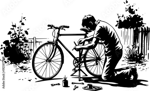 Monochrome Sumi-e: The Cyclist Repairing His Bicycle in a Backya
