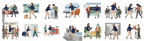 Flat Style Diverse People in Various Activity at Different Location Illustration